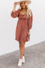 Brown Suede Square Neck Puff Sleeve Dress
