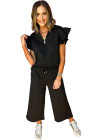 Black Textured Flutter Sleeve Top Wide Leg Pants Set