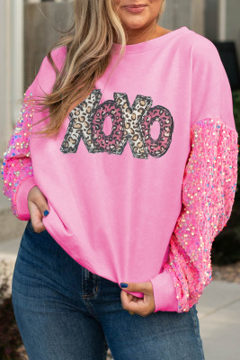 Pink Leopard XOXO Graphic Sequined Sleeve Plus Sweatshirt PACK253452-P10