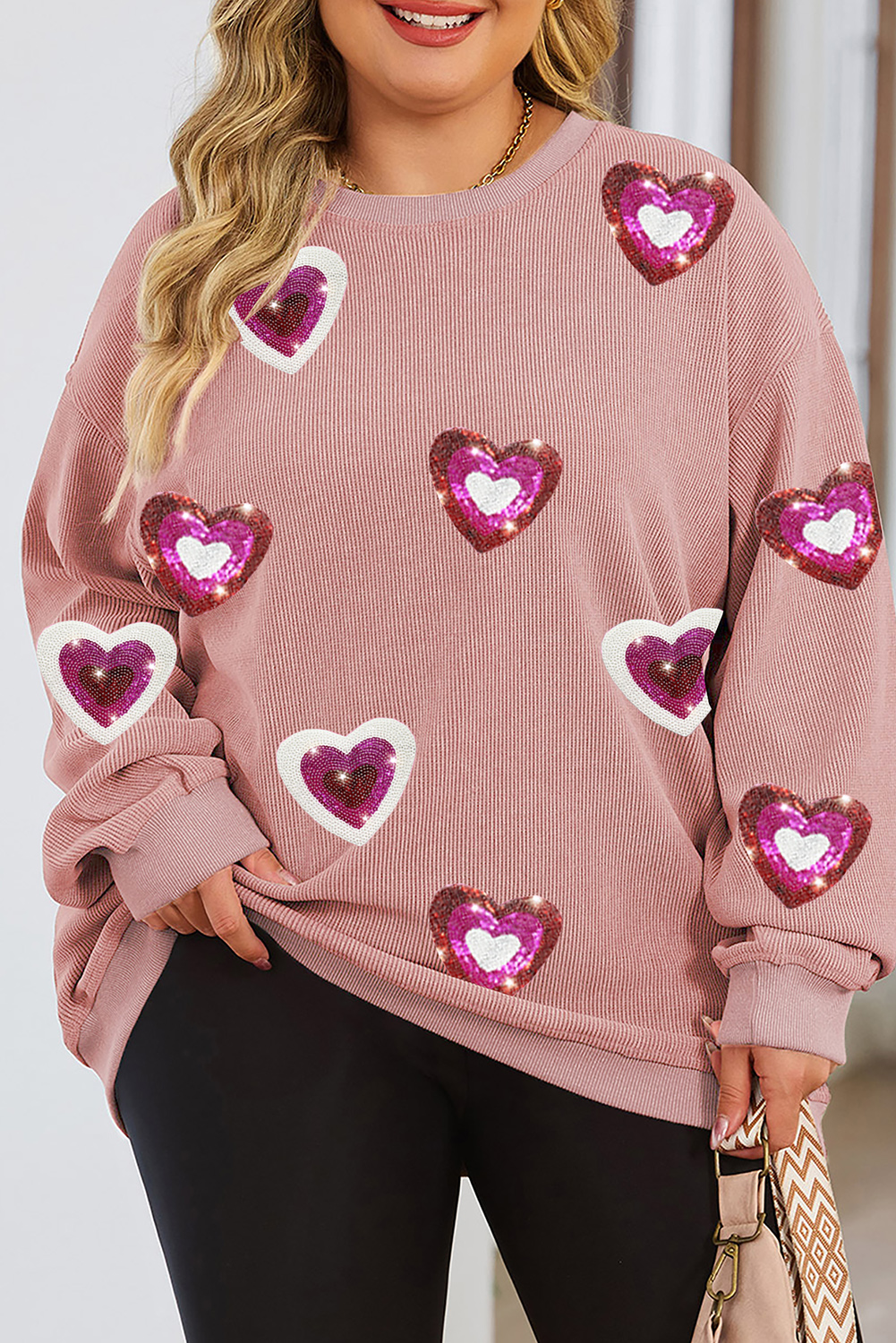 Pink Sequined Heart Shaped Corded Plus Size Sweatshirt