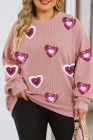 Pink Sequined Heart Shaped Corded Plus Size Sweatshirt