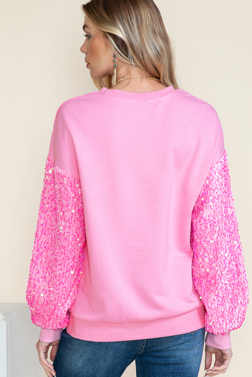 Pink Shiny Heart Shape love Print Sequined Sleeve Top