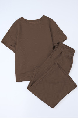 Brown Textured Loose Fit T Shirt and Drawstring Pants Set PACK625264-17