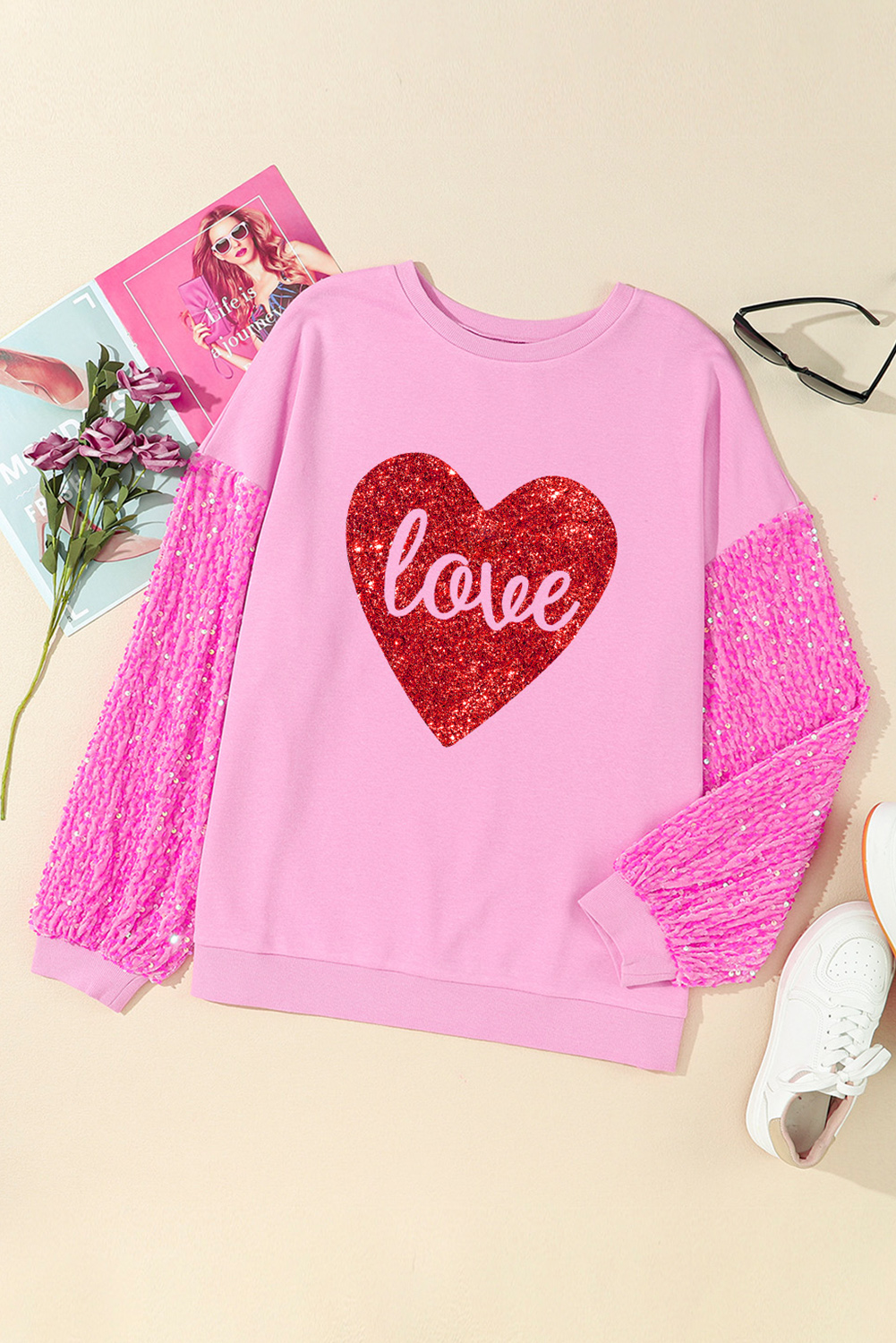Pink Shiny Heart Shape love Print Sequined Sleeve Top