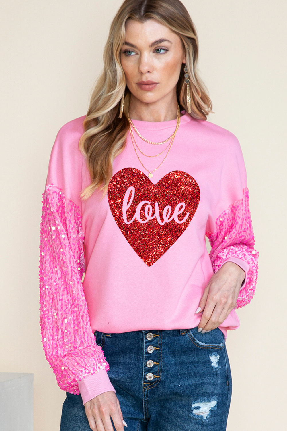 Pink Shiny Heart Shape love Print Sequined Sleeve Top