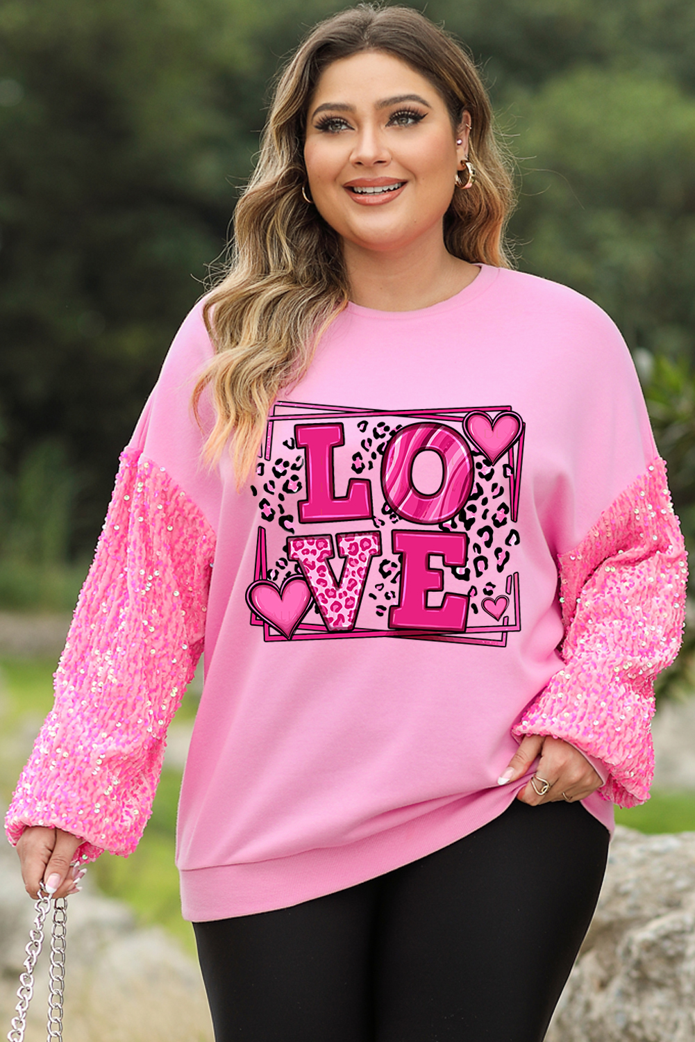 Pink Plus Size Wild LOVE Graphic Sequin Sleeve Sweatshirt