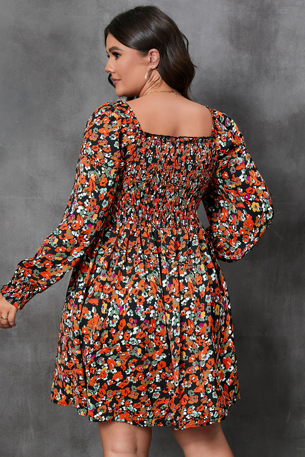 $ 10.04 - Wholesale Multicolor Plus Size Smocked Long Sleeve Floral Dress