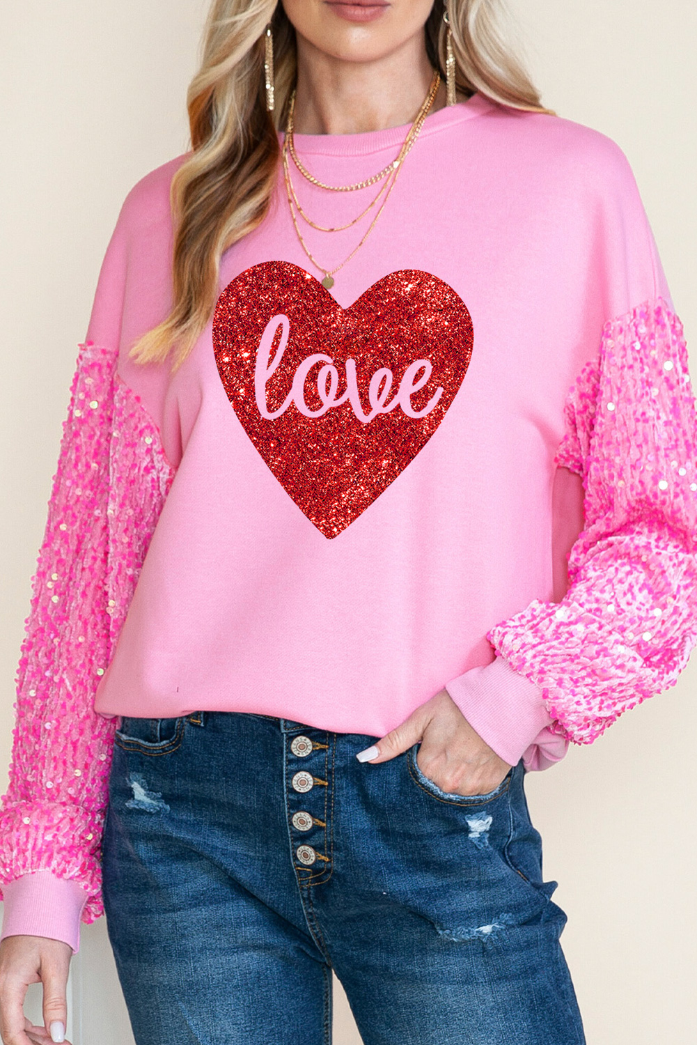 Pink Shiny Heart Shape love Print Sequined Sleeve Top