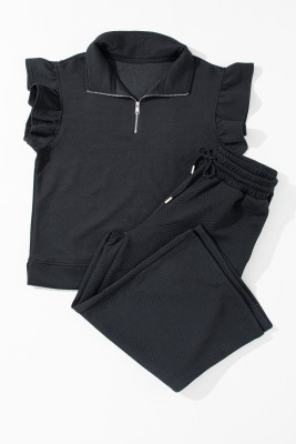 Black Textured Flutter Sleeve Top Wide Leg Pants Set PACK625514-P2