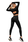 Black Solid Color Long Sleeve Crop Top Leggings Yoga Sports Set