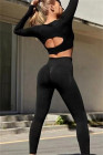 Black Solid Color Long Sleeve Crop Top Leggings Yoga Sports Set