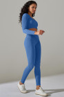 Sky Blue Ribbed Long Sleeve Strappy Square Neck 2pcs Yoga Set