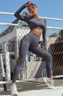 Dark Grey Solid Color Long Sleeve Crop Top Leggings Yoga Sports Set