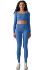 Sky Blue Ribbed Long Sleeve Strappy Square Neck 2pcs Yoga Set