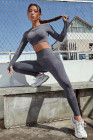 Dark Grey Solid Color Long Sleeve Crop Top Leggings Yoga Sports Set