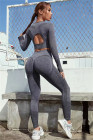 Dark Grey Solid Color Long Sleeve Crop Top Leggings Yoga Sports Set