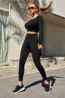 Black Solid Color Long Sleeve Crop Top Leggings Yoga Sports Set