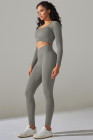 Gray Ribbed Long Sleeve Strappy Square Neck 2pcs Yoga Set