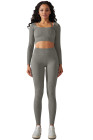 Gray Ribbed Long Sleeve Strappy Square Neck 2pcs Yoga Set