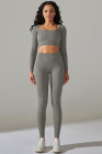 Gray Ribbed Long Sleeve Strappy Square Neck 2pcs Yoga Set