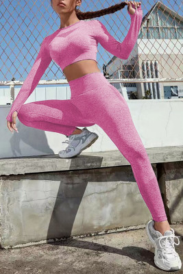 Bright Pink Solid Color Long Sleeve Crop Top Leggings Yoga Sports Set PACK2611578-P106