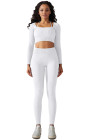 White Ribbed Long Sleeve Strappy Square Neck 2pcs Yoga Set
