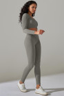 Gray Ribbed Long Sleeve Strappy Square Neck 2pcs Yoga Set