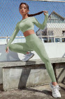 Grass Green Solid Color Long Sleeve Crop Top Leggings Yoga Sports Set
