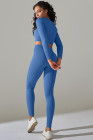 Sky Blue Ribbed Long Sleeve Strappy Square Neck 2pcs Yoga Set
