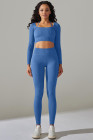 Sky Blue Ribbed Long Sleeve Strappy Square Neck 2pcs Yoga Set
