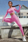 Bright Pink Solid Color Long Sleeve Crop Top Leggings Yoga Sports Set