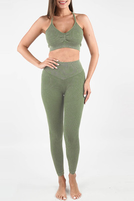 Laurel Green Seamless Ribbed Spaghetti Straps Bra Leggings Sports Set PACK2611584-P1209
