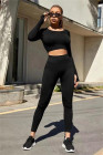 Black Solid Color Long Sleeve Crop Top Leggings Yoga Sports Set