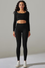Black Ribbed Long Sleeve Strappy Square Neck 2pcs Yoga Set