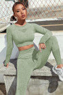 Grass Green Solid Color Long Sleeve Crop Top Leggings Yoga Sports Set