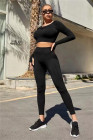 Black Solid Color Long Sleeve Crop Top Leggings Yoga Sports Set