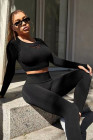 Black Solid Color Long Sleeve Crop Top Leggings Yoga Sports Set