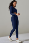 Navy Blue Ribbed Long Sleeve Strappy Square Neck 2pcs Yoga Set
