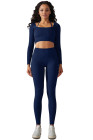 Navy Blue Ribbed Long Sleeve Strappy Square Neck 2pcs Yoga Set