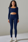 Navy Blue Ribbed Long Sleeve Strappy Square Neck 2pcs Yoga Set