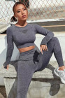 Dark Grey Solid Color Long Sleeve Crop Top Leggings Yoga Sports Set