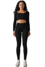 Black Ribbed Long Sleeve Strappy Square Neck 2pcs Yoga Set