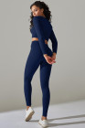 Navy Blue Ribbed Long Sleeve Strappy Square Neck 2pcs Yoga Set
