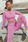 Bright Pink Solid Color Long Sleeve Crop Top Leggings Yoga Sports Set