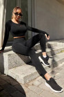 Black Solid Color Long Sleeve Crop Top Leggings Yoga Sports Set