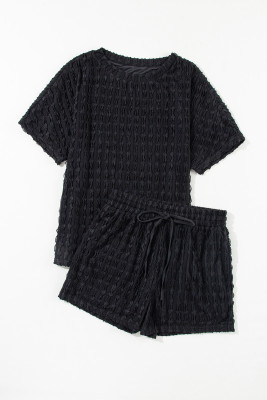 Black Frill Textured Short Sleeve Top and Drawstring Shorts Set PACK625733-P2