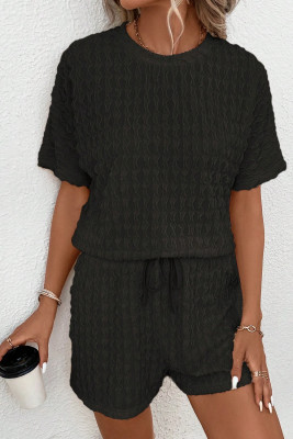 Black Frill Textured Short Sleeve Top and Drawstring Shorts Set PACK625733-P2