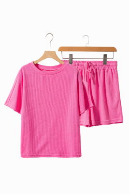Rose Red Casual Textured Tee and Drawstring Shorts Set PACK625659-P6