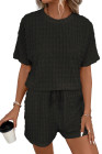 Black Frill Textured Short Sleeve Top and Drawstring Shorts Set