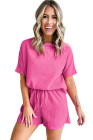 Rose Red Casual Textured Tee and Drawstring Shorts Set